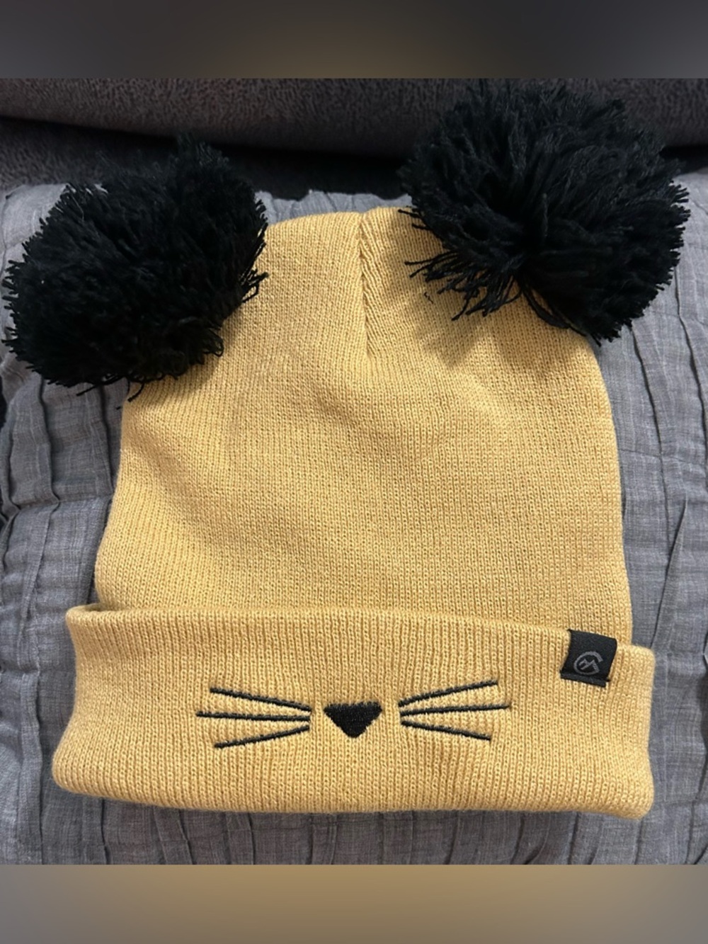 🐱 Kids Yellow Knit Beanie with Black Pom-Poms and Cat Face 🐱